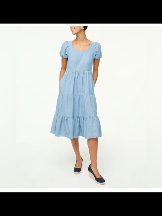 J. Crew Dresses & Skirts - Chambray Tiered Puff-Sleeve Midi Dress with Pockets!